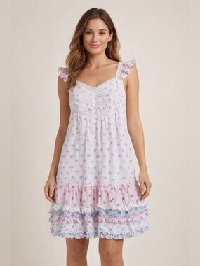 Envogue White Nightdress with Pink Floral Print
